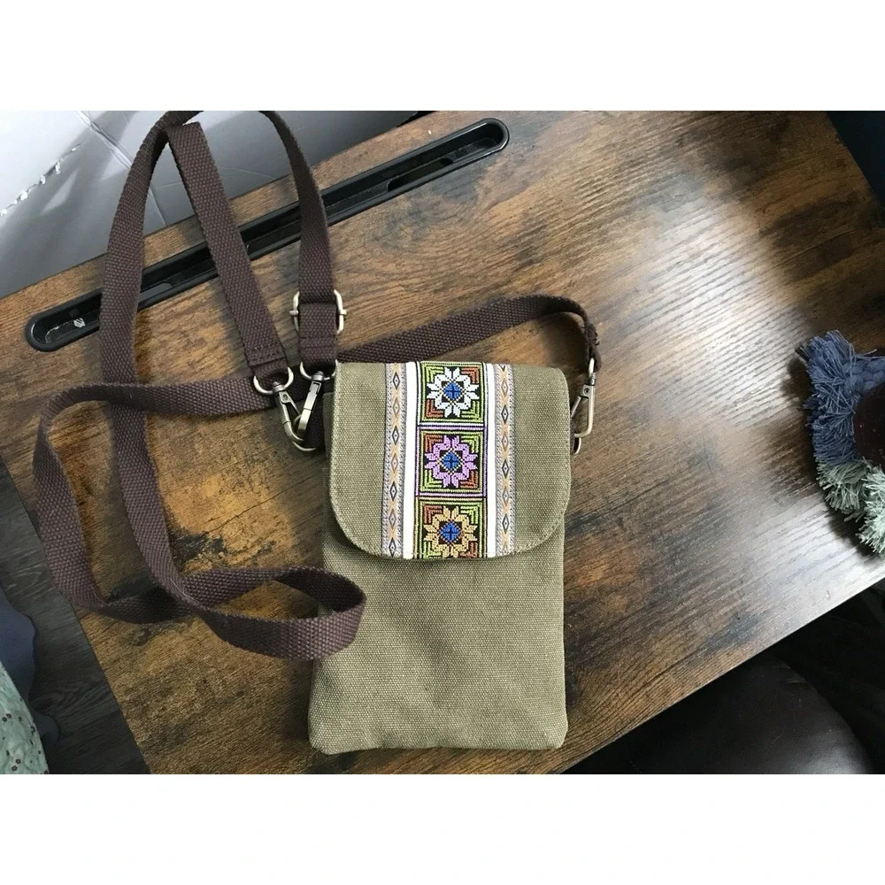 Embroidered Bohemian Canvas Flip Crossbody Small Cell Phone Bag Green And Brown‎